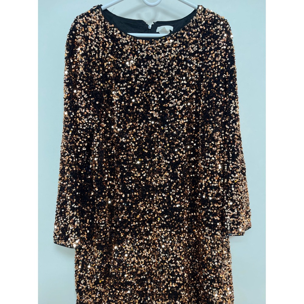 HM Women XXL Copper Black Sequin Long Sleeve Shift Mini Dress Party Cocktail